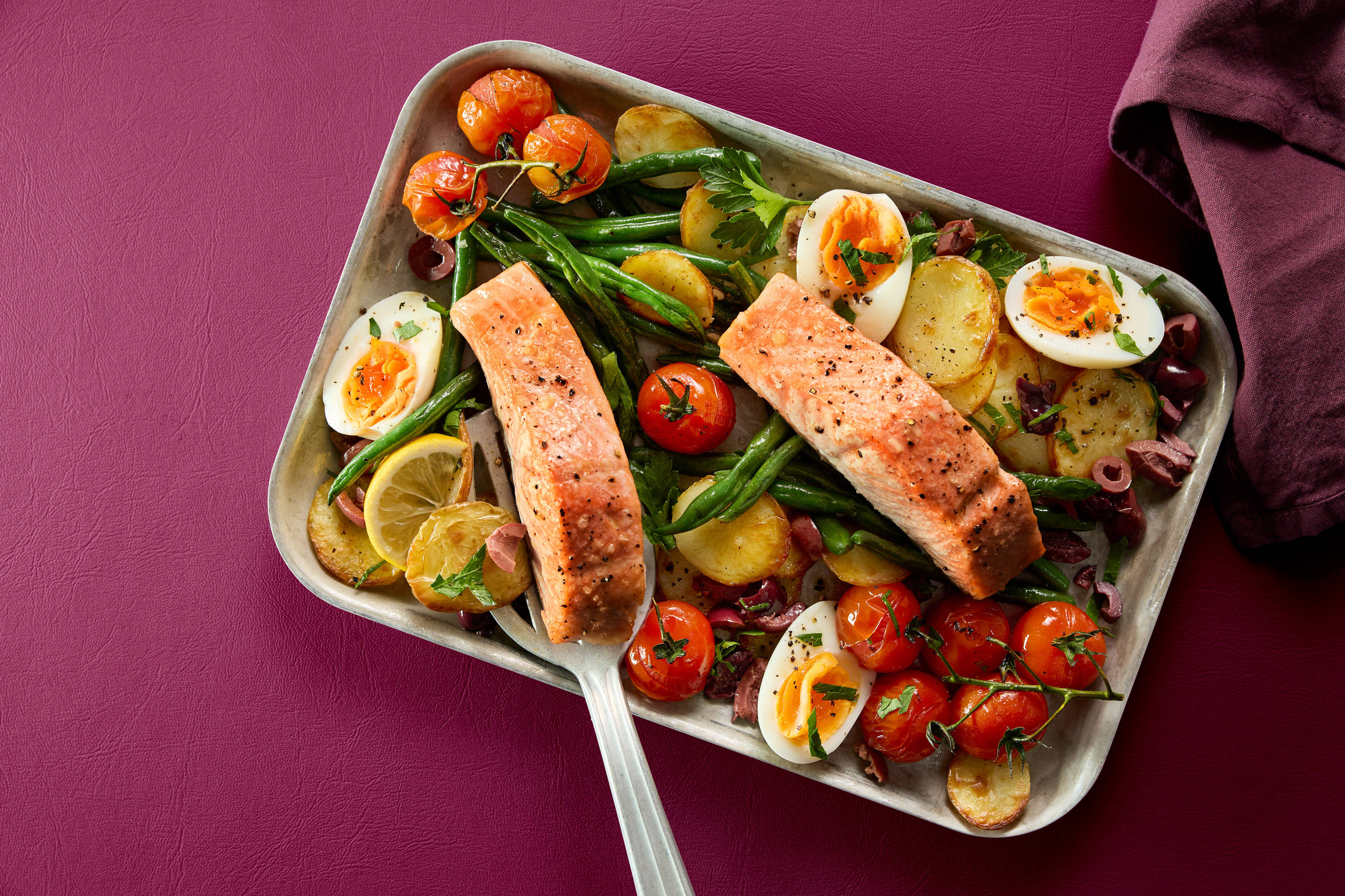 Salmon Niçoise Tray Bake